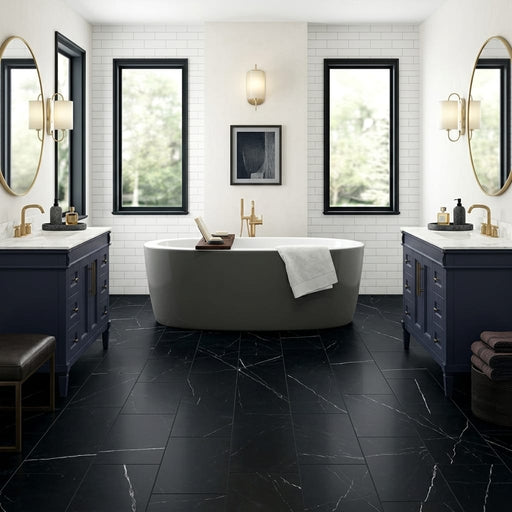Pietra Divina Nero Marquina Marble Tile 12x24 Honed 3/8 inch — Bathroom floor