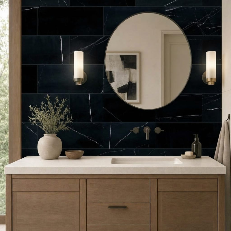 Pietra Divina Nero Marquina Marble Tile 12x24 Honed 3/8 inch — Bathroom vanity wall