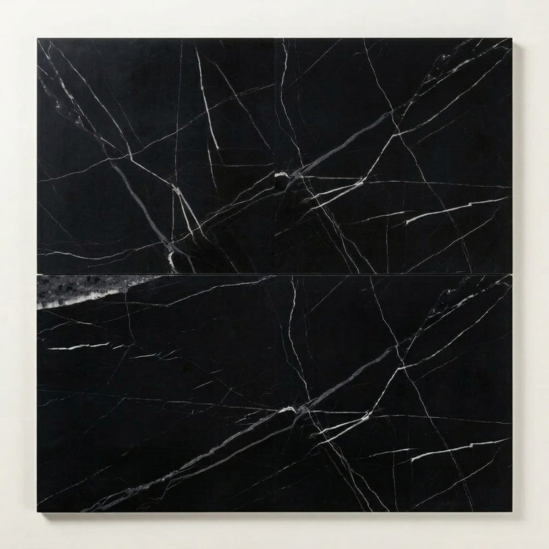 Pietra Divina Nero Marquina Marble Tile 12x24 Honed 3/8 inch close-up