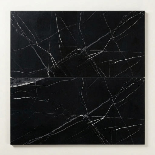 Pietra Divina Nero Marquina Marble Tile 12x24 Honed 3/8 inch close-up