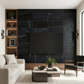 Pietra Divina Nero Marquina Marble Tile 12x24 Honed 3/8 inch — Living Room feature wall