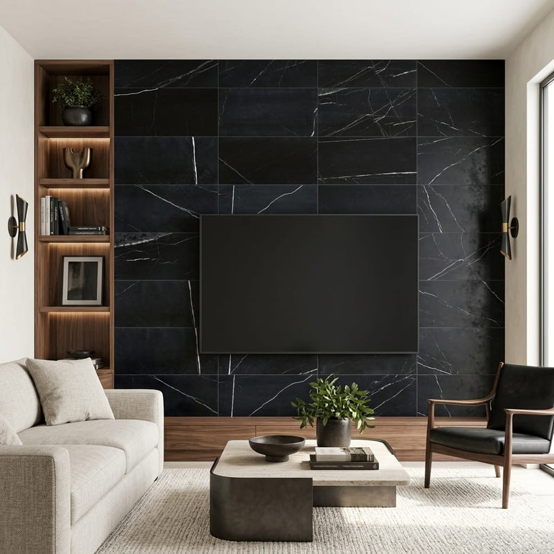 Pietra Divina Nero Marquina Marble Tile 12x24 Honed 3/8 inch — Living Room feature wall