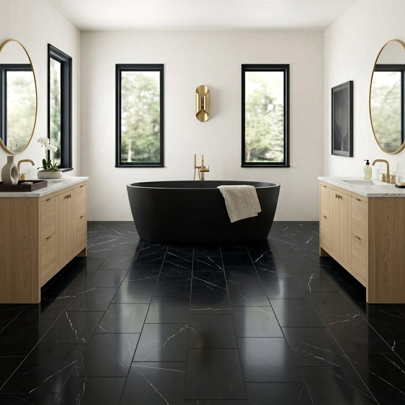 Pietra Divina Marble Tile in Nero Marquina, Size 12x24 — Bathroom floor