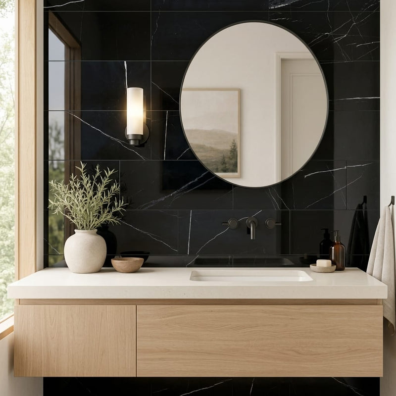 Pietra Divina Marble Tile in Nero Marquina, Size 12x24 — Bathroom vanity wall