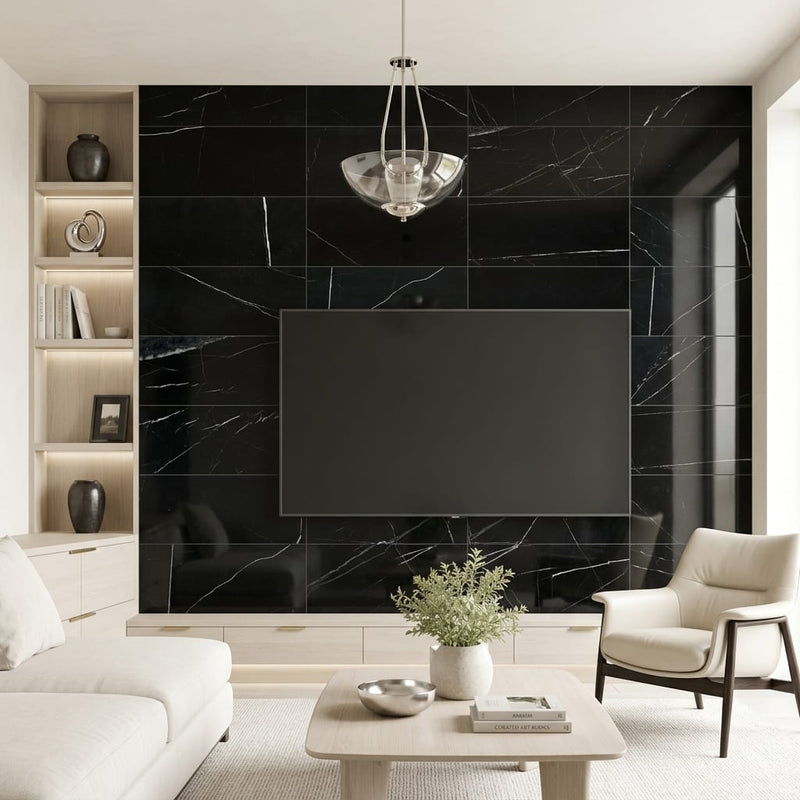 Pietra Divina Marble Tile in Nero Marquina, Size 12x24 — Living Room feature wall