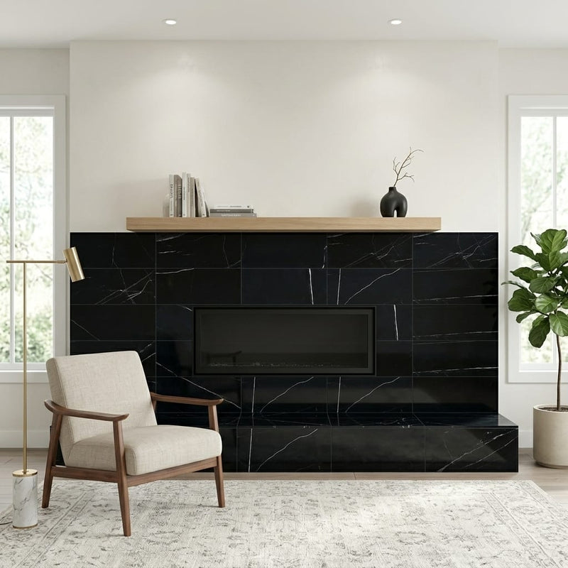 Pietra Divina Marble Tile in Nero Marquina, Size 12x24 — Living Room fireplace surround