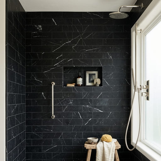 Pietra Divina Nero Marquina Marble Tile 4x12 Honed 3/8 inch — Bathroom shower wall