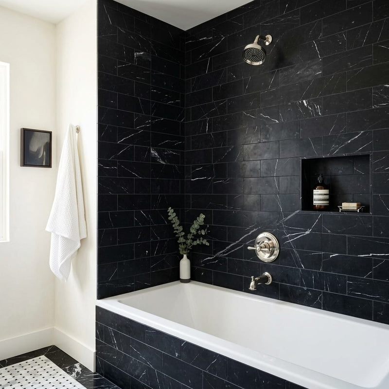 Pietra Divina Nero Marquina Marble Tile 4x12 Honed 3/8 inch — Bathroom tub surround