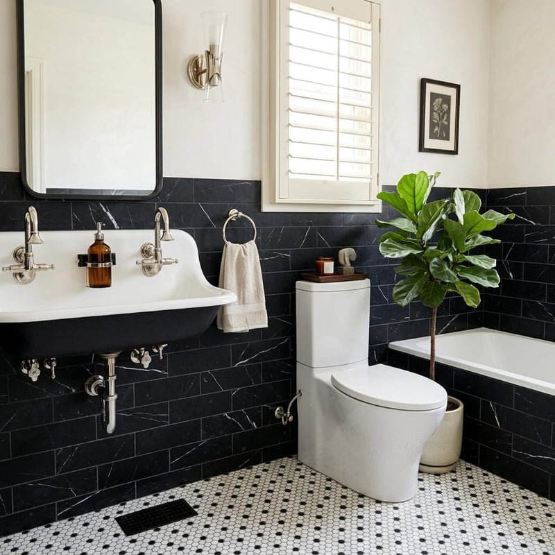 Pietra Divina Nero Marquina Marble Tile 4x12 Honed 3/8 inch — Bathroom wall