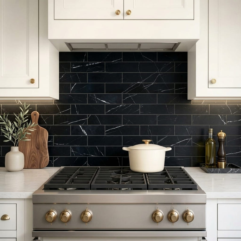 Pietra Divina Nero Marquina Marble Tile 4x12 Honed 3/8 inch — Kitchen backsplash