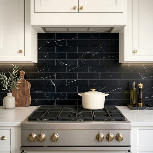 Pietra Divina Nero Marquina Marble Tile 4x12 Honed 3/8 inch — Kitchen backsplash
