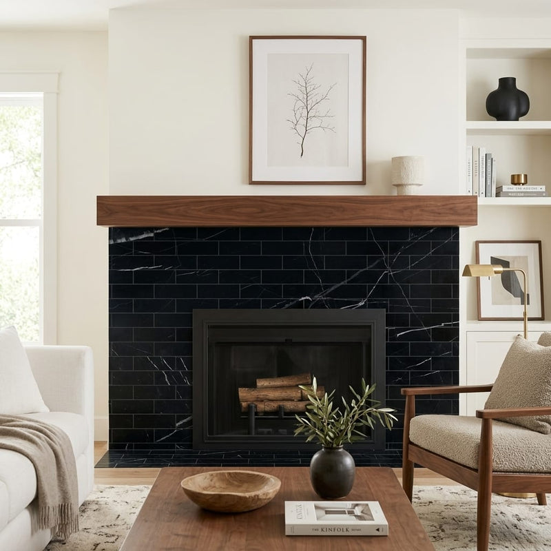 Pietra Divina Nero Marquina Marble Tile 4x12 Honed 3/8 inch — Living Room fireplace surround