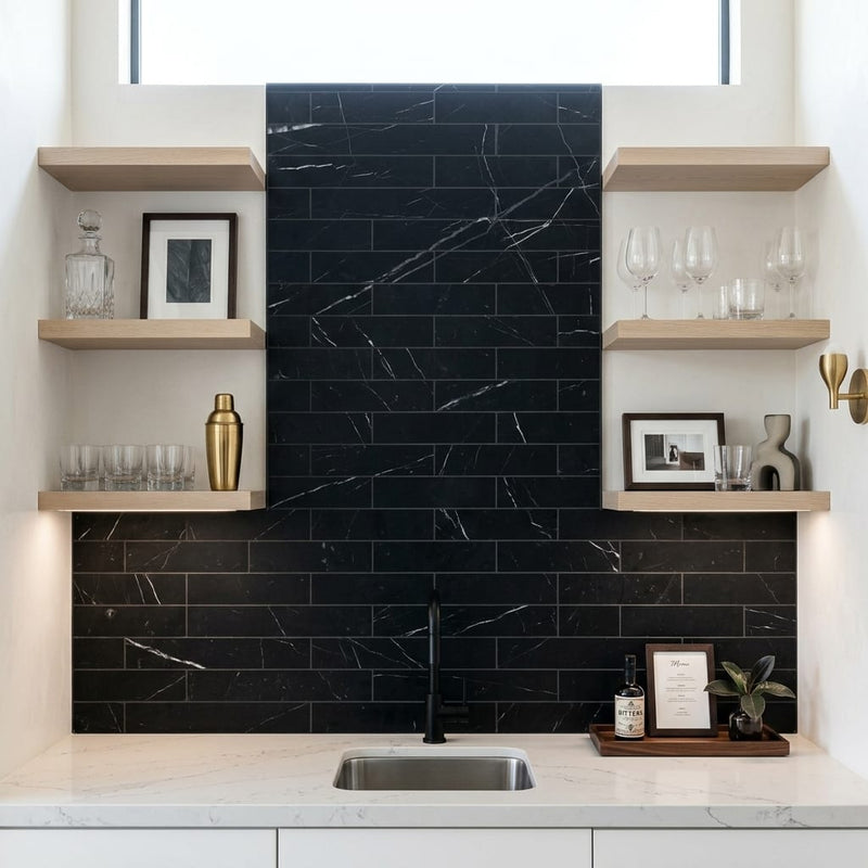 Pietra Divina Nero Marquina Marble Tile 4x12 Honed 3/8 inch — Wet Bar backsplash