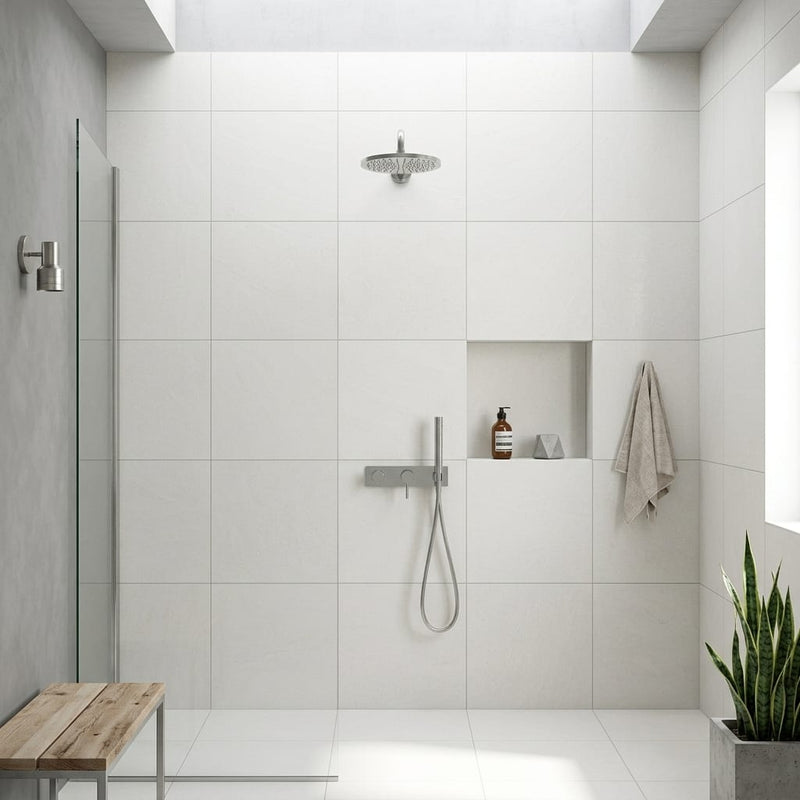 Pietra Italia White Matte 24x24 Porcelain Tile — Bathroom shower wall