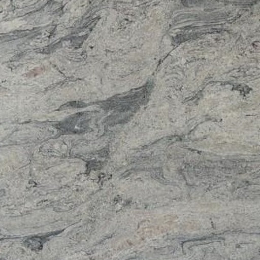 Close-up of Piracema White granite with a light gray surface and flowing dark gray veins.