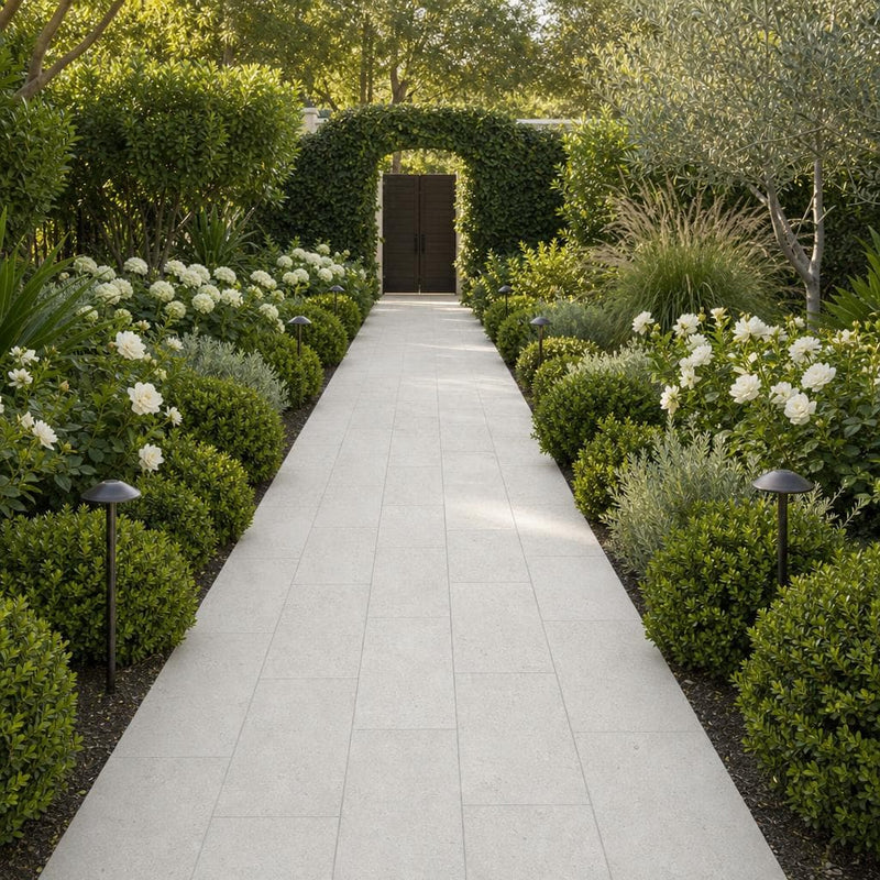 Platinum Ice 12x24 Brushed Limestone Paver — Garden path