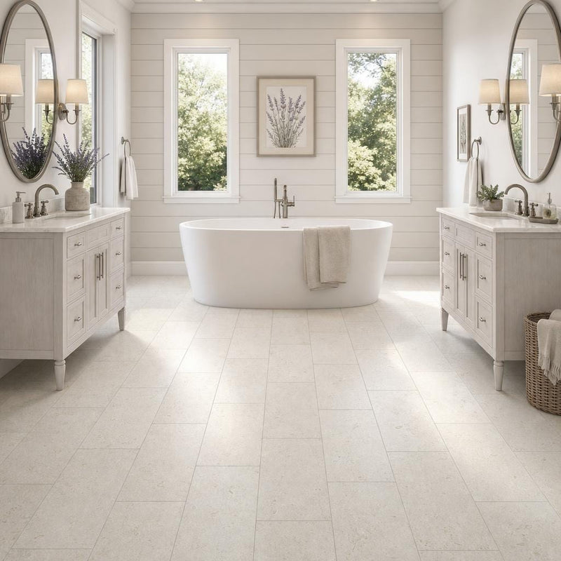 Platinum Ice 12x24 Brushed Limestone Tile — Bathroom floor