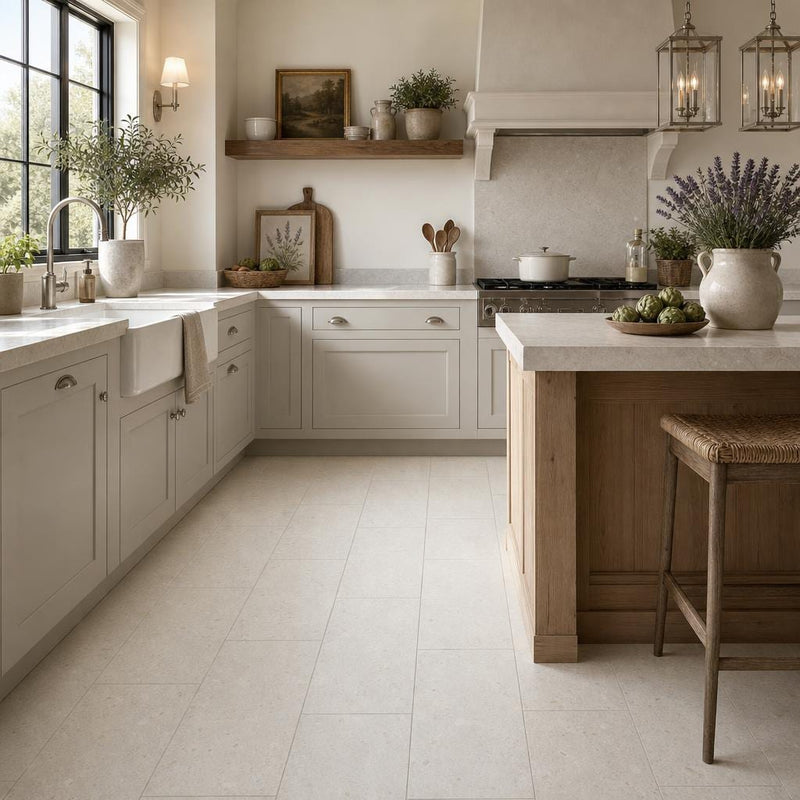 Platinum Ice 12x24 Brushed Limestone Tile — Kitchen floor