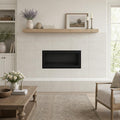 Platinum Ice 12x24 Brushed Limestone Tile — Living Room fireplace surround