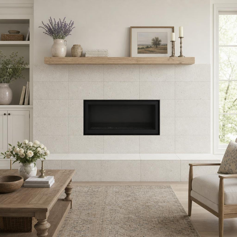 Platinum Ice 12x24 Brushed Limestone Tile — Living Room fireplace surround