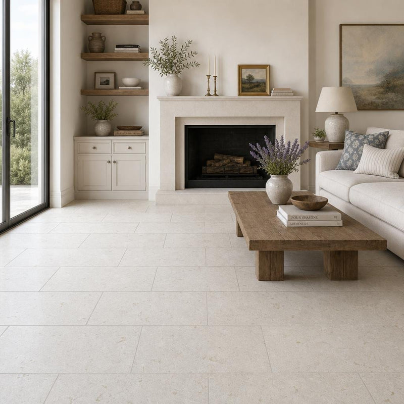 Platinum Ice 12x24 Brushed Limestone Tile — Living Room floor