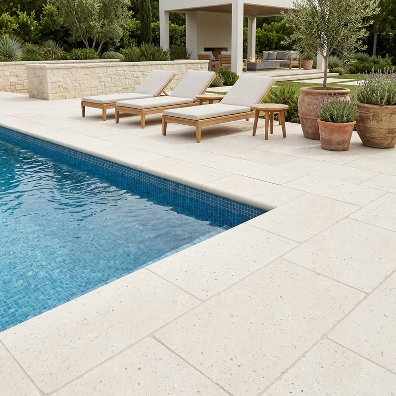 Platinum Ice 12x24 Tumbled Limestone Single Bullnose Pool Coping — Swimming Pool pool edge drop-face coping