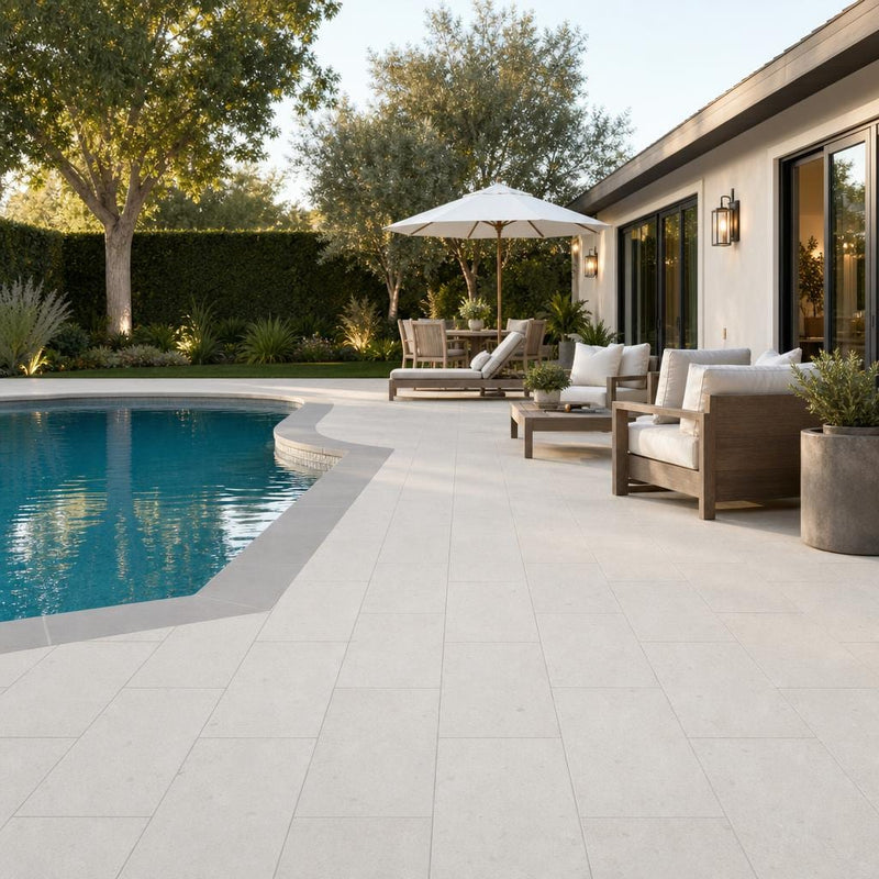 Platinum Ice 12x24x2 Brushed Limestone Paver — Backyard pool deck