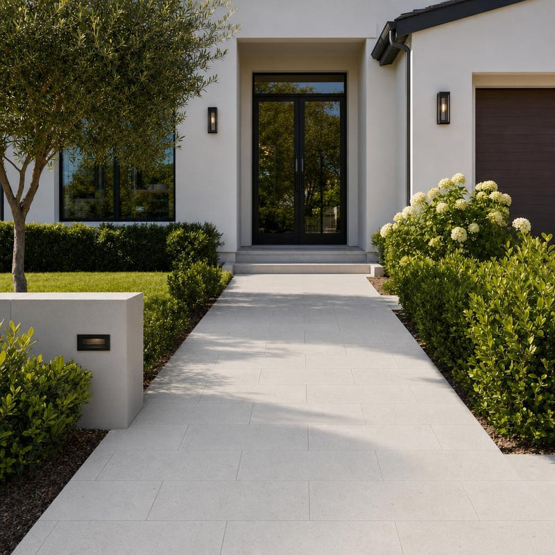 Platinum Ice 12x24x2 Brushed Limestone Paver — Front Yard walkway