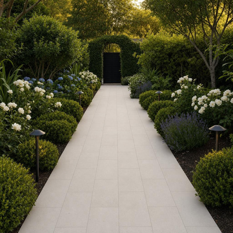 Platinum Ice 12x24x2 Brushed Limestone Paver — Garden path