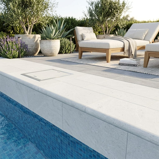 Platinum Ice 12x24x2 Brushed Limestone Single Bullnose Pool Coping — Swimming Pool remodel pool edge