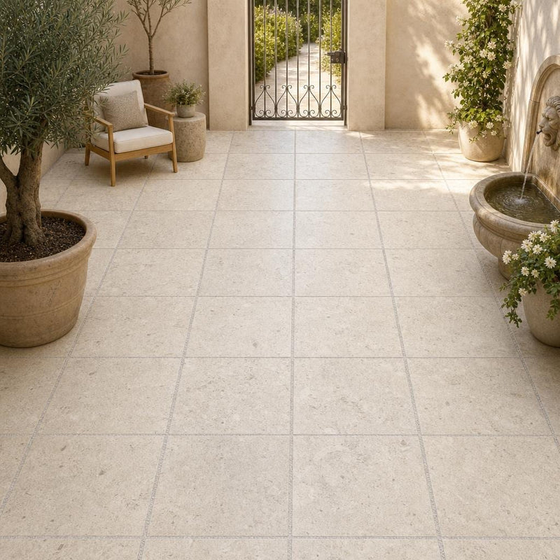 Platinum Ice 24x24 Tumbled Limestone Paver — Courtyard paving