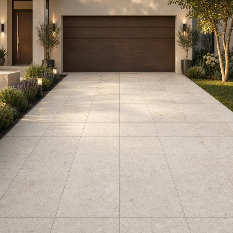 Platinum Ice 24x24 Tumbled Limestone Paver — Front Yard driveway