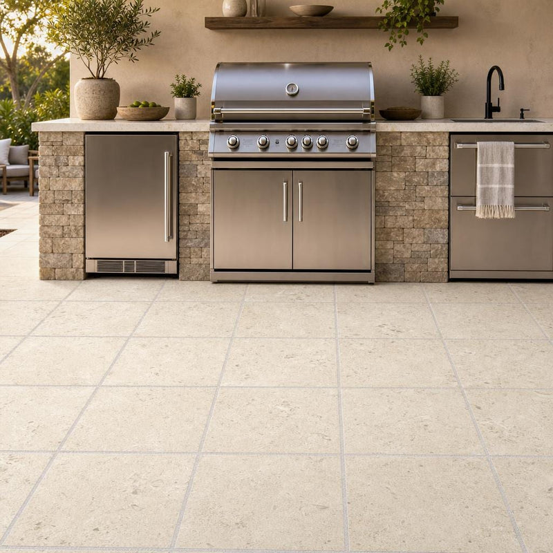 Platinum Ice 24x24 Tumbled Limestone Paver — Outdoor Kitchen floor