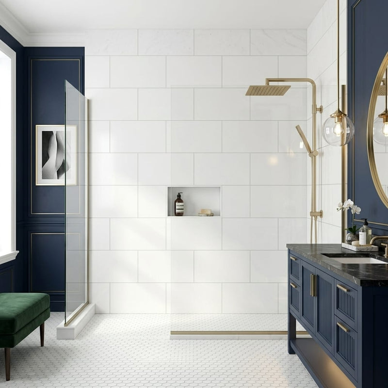 Polar White Marble Tile 12x24 Honed — Bathroom shower wall