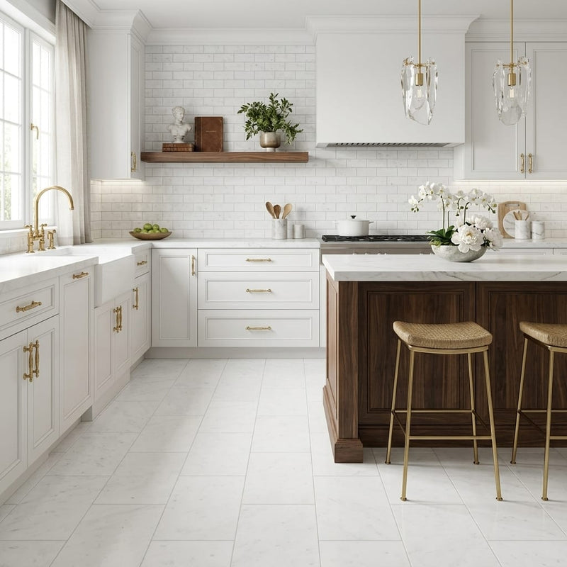 Polar White Marble Tile 12x24 Honed — Kitchen floor