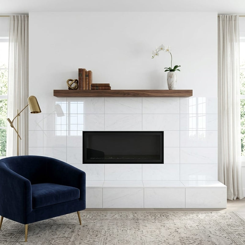 Polar White Marble Tile 12x24 Polished — Living Room fireplace surround
