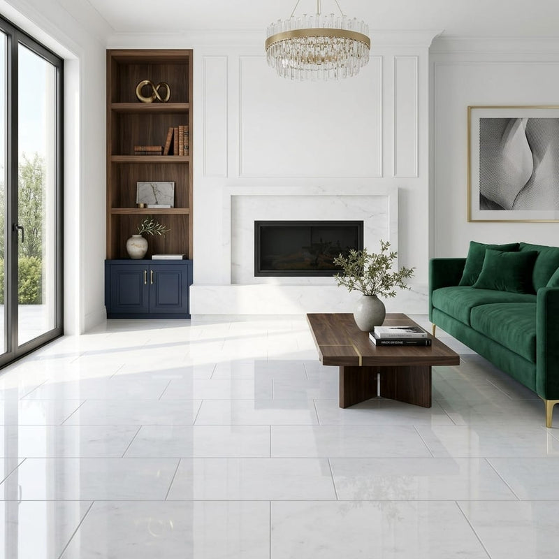 Polar White Marble Tile 12x24 Polished — Living Room floor