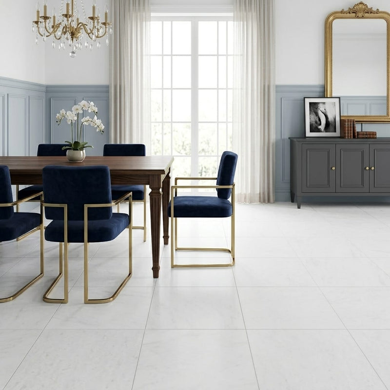 Polar White Marble Tile 18x18 Honed — Dining Room floor
