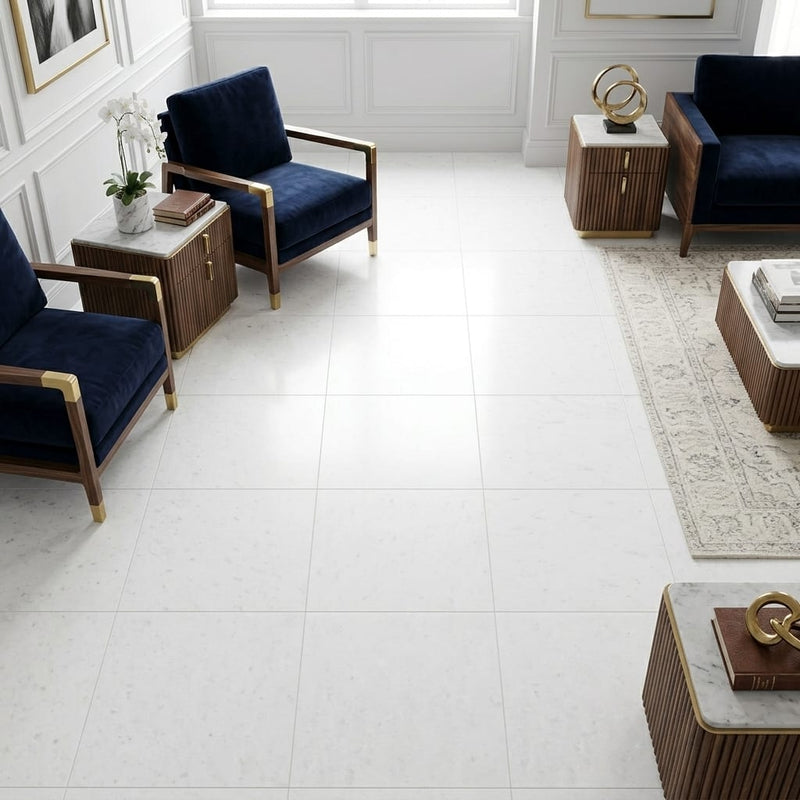 Polar White Marble Tile 18x18 Honed — Family Room floor