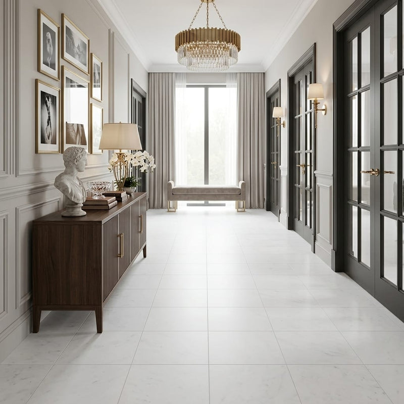 Polar White Marble Tile 18x18 Honed — Hallway floor