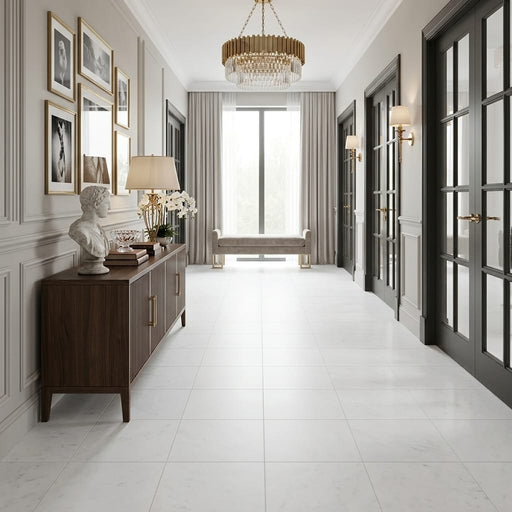 Polar White Marble Tile 18x18 Honed — Hallway floor