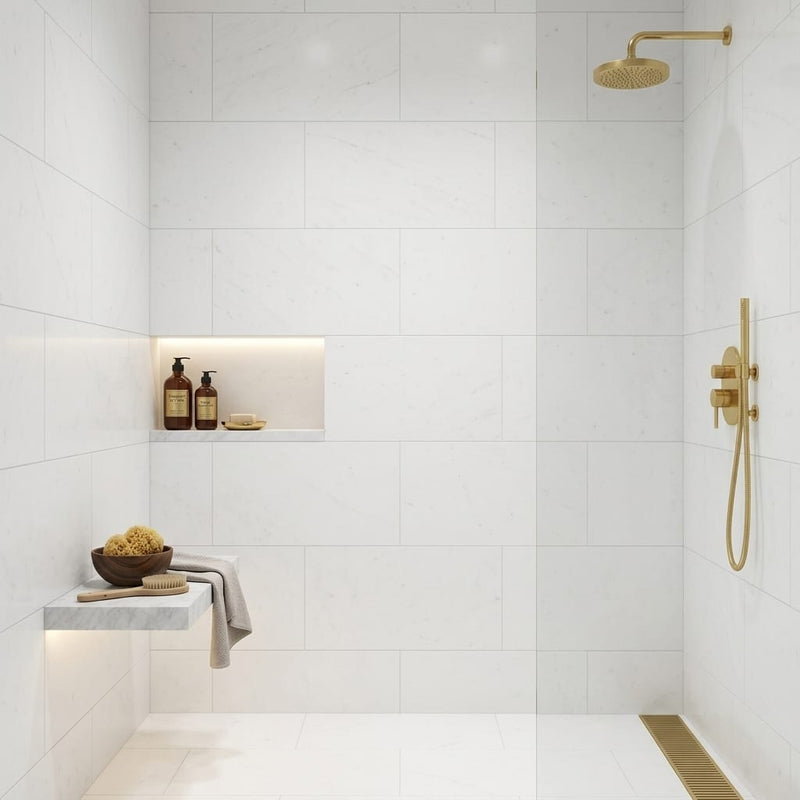Polar White Marble Tile 18x36 Honed — Bathroom shower wall