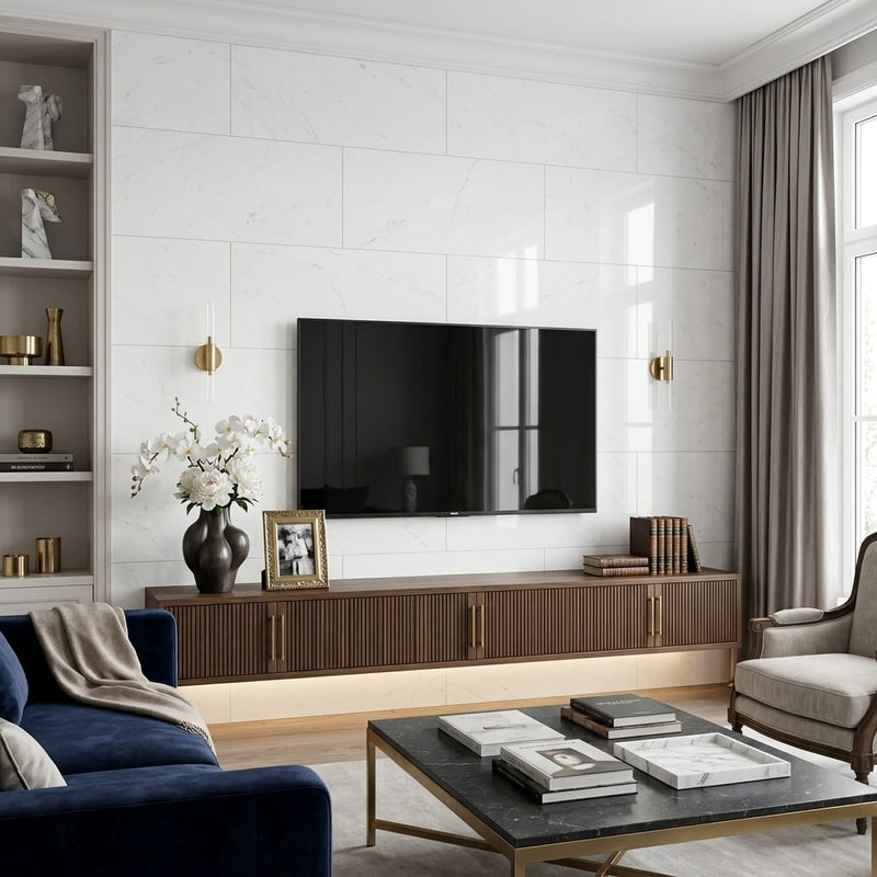 Polar White Marble Tile 18x36 Polished — Living Room feature wall