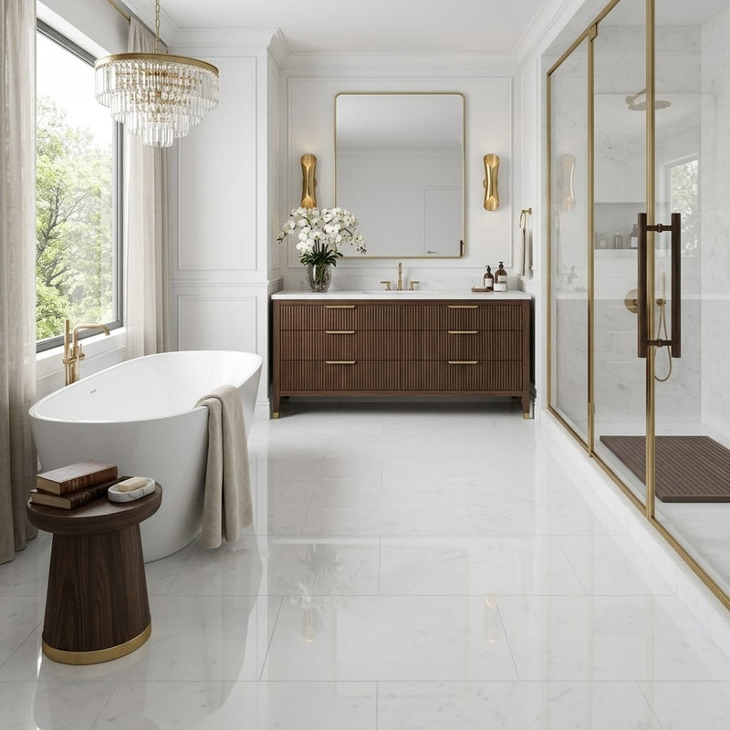 Polar White Marble Tile 18x36 Polished — Primary Bath floor