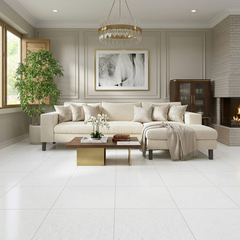 Polar White Marble Tile 24x24 Honed — Living Room floor