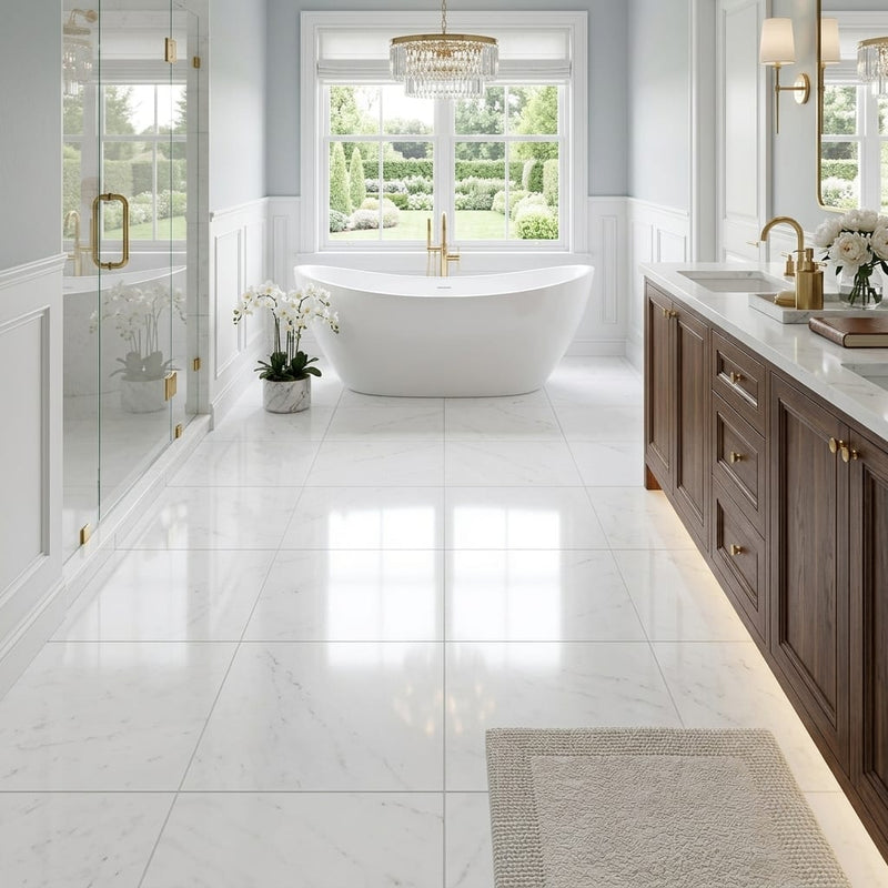 Polar White Marble Tile 24x24 Polished — Primary Bath floor