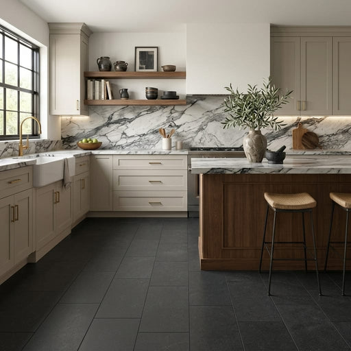 Pompeii Black Basalt Tile 12x24 Honed — Kitchen floor