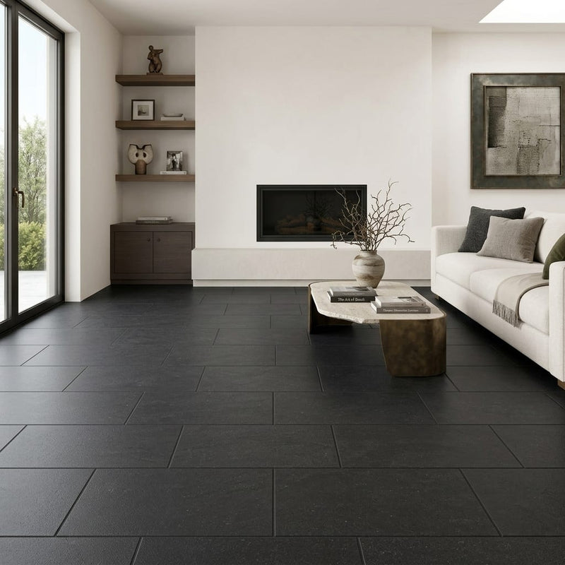Pompeii Black Basalt Tile 12x24 Honed — Living Room floor