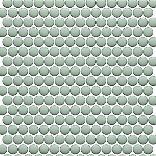 Mint green glossy pennyround porcelain mosaic tile with staggered circular tiles on a 12x12-inch sheet.