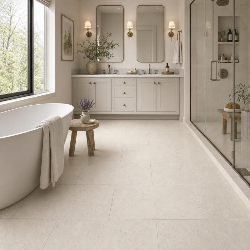 Porto Beige 18x36 Brushed Limestone Tile — Primary Bath floor